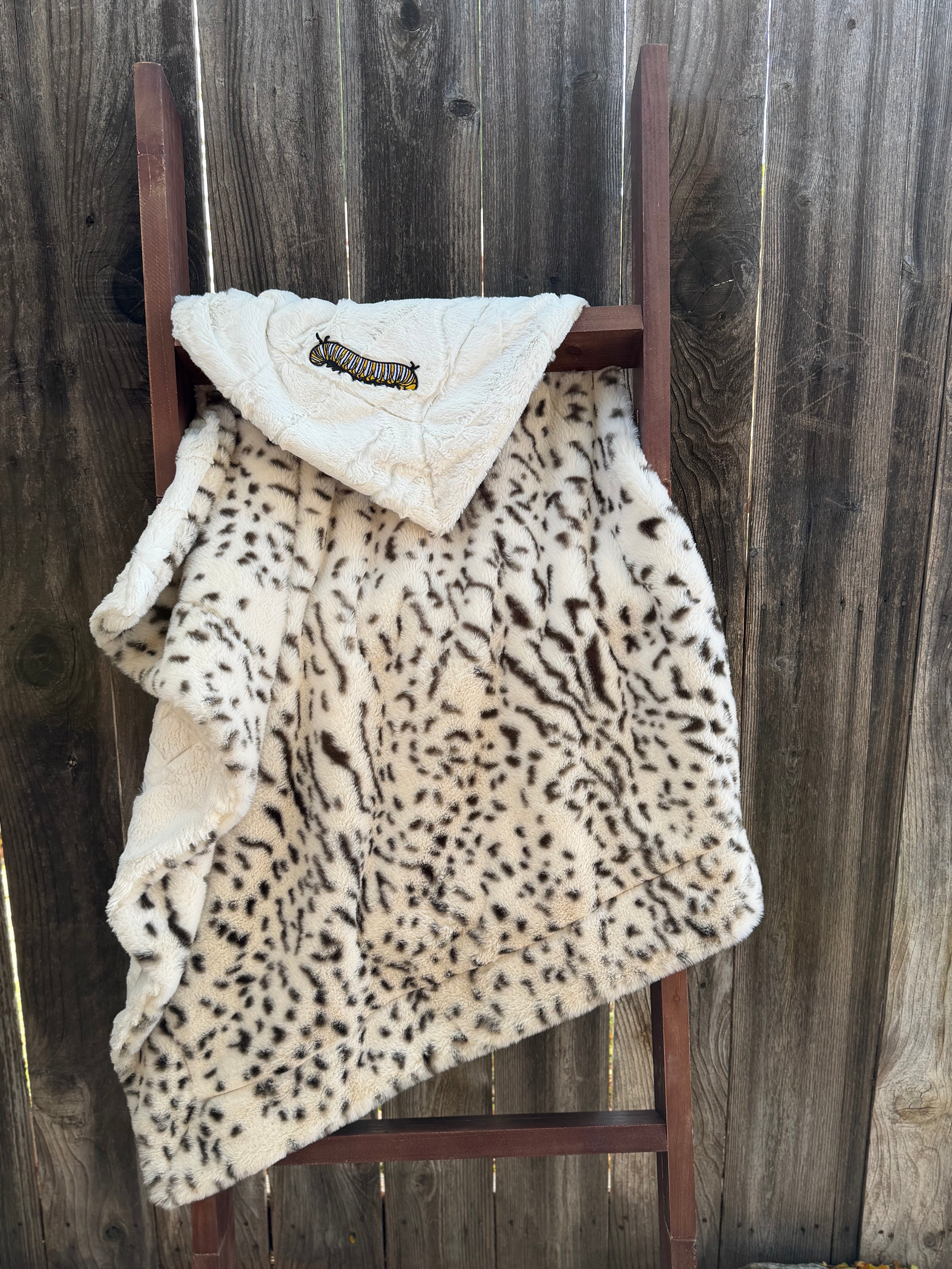 Leopard print with Caterpillar patch Minky Baby Blanket